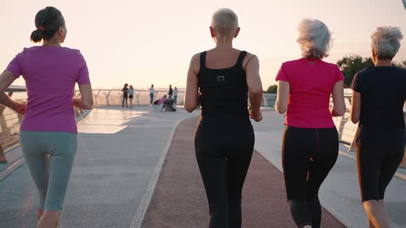 Group of Healthy Mature Women Wearing Sport Clothes Running Together Outdoors Warming Up in Morning