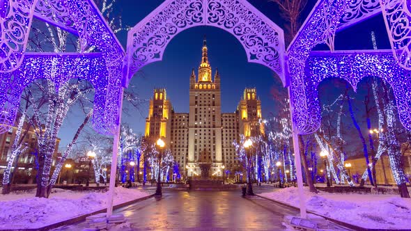 Stalin's Famous Skyscraper on Kudrinskaya Square Timelapse Hyperlapse, Moscow, Russia.