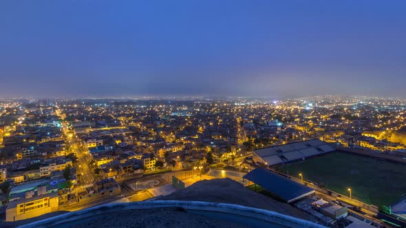 Panoramic Skyline of Lima City From Above with Many Buildings Aerial Night to Day Transition