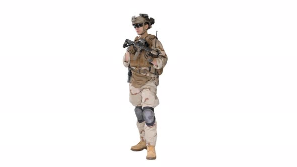 Soldier Standing Looking To the Side and Listening Orders on White Background