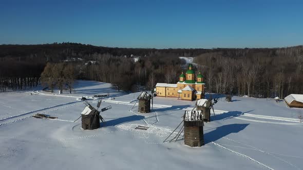 Winter landscape. Aerial view. Traditional Ukrainian village in winter