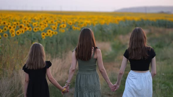 Mother Walks with Daughters Joining Hands on Evening Field