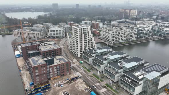 Aerial View of Modern Appartement Residential Housing in Amsterdam East at Cruqius in The