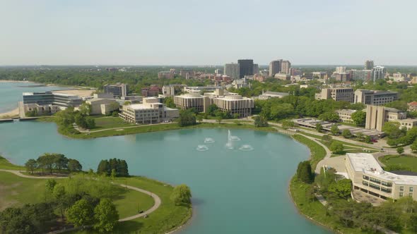 Drone Shot Above The Lakefill at Northwestern University. Pedestal Down