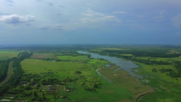 Aerial View River In Nature In Summer