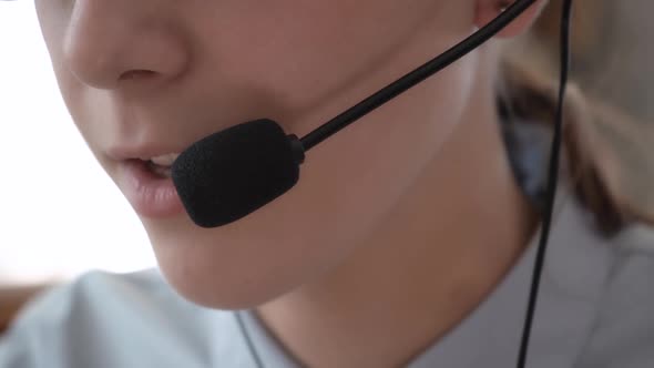 Closeup Girl Call Center Operator Sells Services