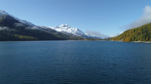 Aerial view of Lake Silvaplana, Graubuenden, Switzerland