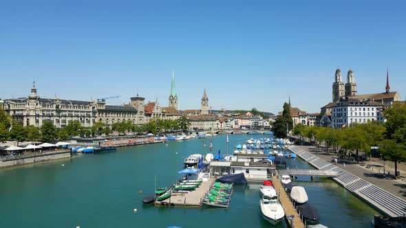 Boats and Marina on River Limmat in the City of Zurich  Aerial View