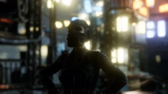 Futuristic Cyberpunk Style Young Woman with Neon Bokeh Lights alt