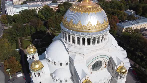 Aerial View of Orthodox Naval Cathedral of St. Nicholas. Built in 1903-1913. Kronshtadt, St