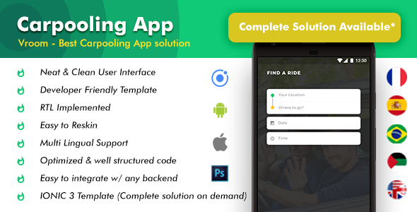 Aplikacja Android Carpooling + Aplikacja Car Pooling iOS | Szablon (HTML + CSS w IONIC 3) | Vroom