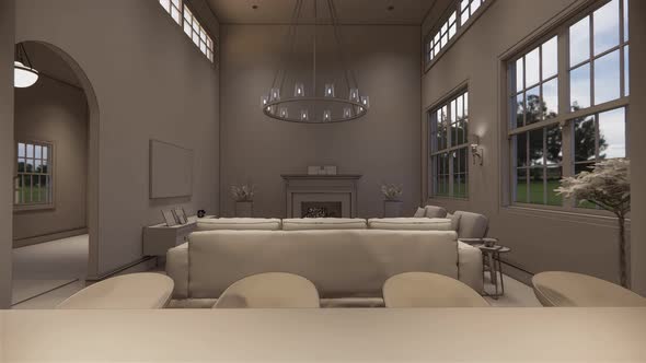 3d rendering. Interior house modern open living space with kitchen.