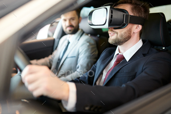 n wearing VR headset driving luxury car, modern technology concept
