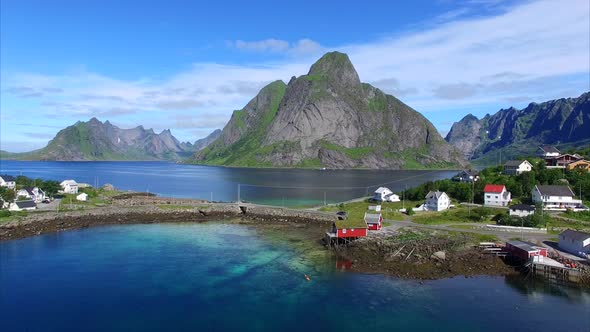 Flying in Reine on Lofoten islands, Norway