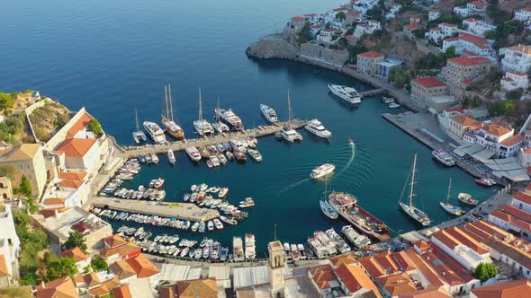 Aerial View of Hydra Old Town and Marina or Seaport Greece  Drone Videography