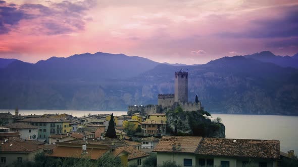 The Enchanted Lake Village of Malcesine in Italy on the Lake Garda at Sunset Evening with Vintage