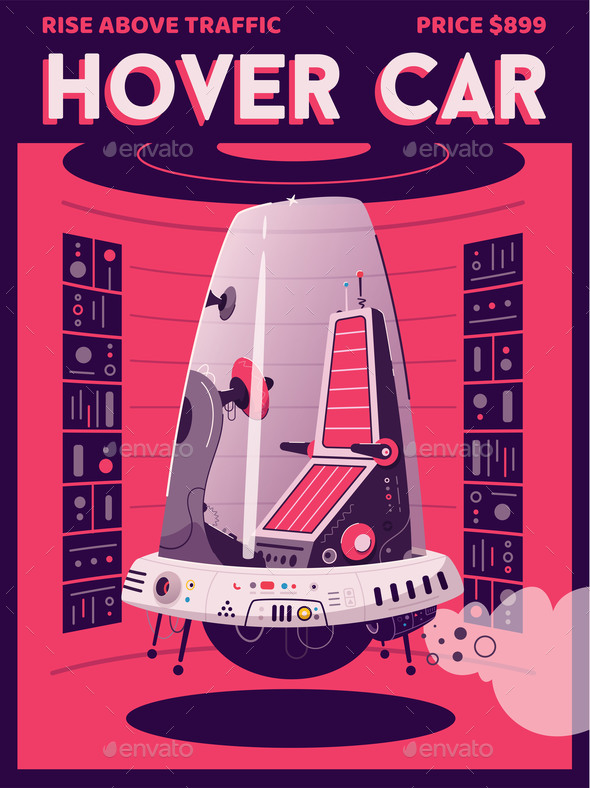 Hover Car Flat Vector Poster Template. Vector