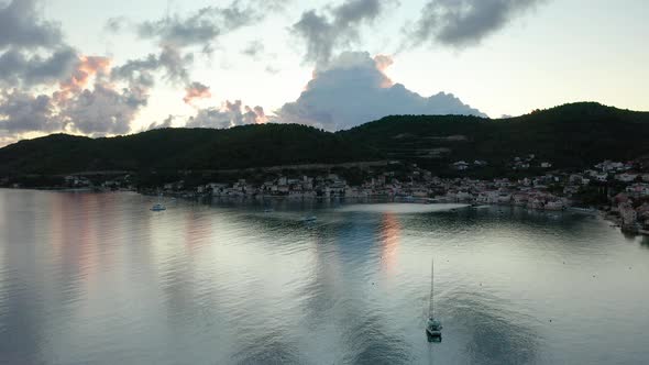 Aerial View of Vis Town at Sunset on Vis Island Croatia