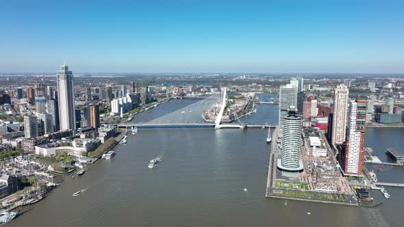 Rotterdam City Skyline in The Netherlands Drone View of the Maas and Office Buildings City View