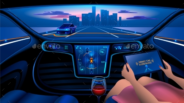Autonomous Smart car interior. Autonomous vehicle in the city on the highway. Future concept.