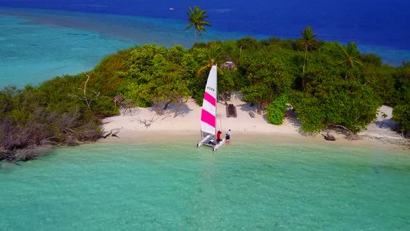 Sunny tourism of marine shore beach time by water and sand background near resort