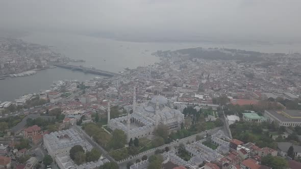 Aerial footage of Suleymaniye Mosque from a foggy day