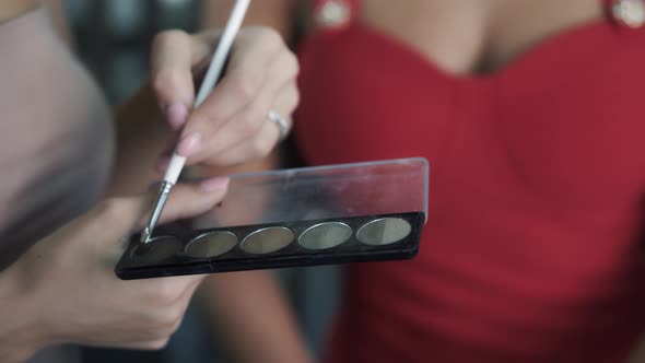 Close Up Makeup Artists Hands Hold a Brush and Smear Eye Shadow