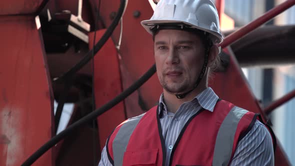 Worker man in hardhat on container stackers