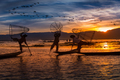Burmese Fishermen posing with conical nets at sunset, Inle Lake - PhotoDune Item for Sale