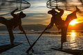 Burmese Fishermen posing with conical nets at sunset, Inle Lake - PhotoDune Item for Sale