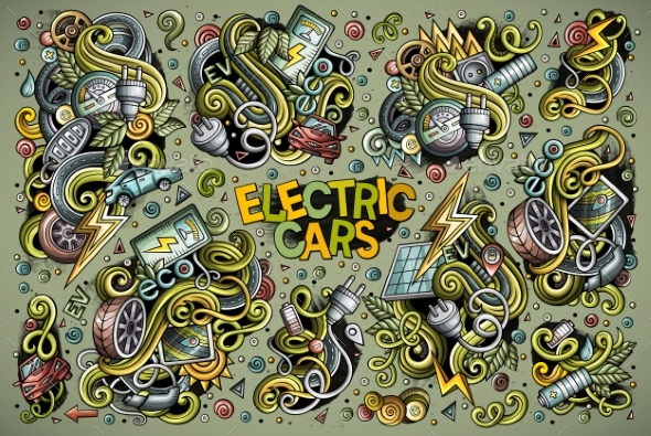 Vector Doodles Cartoon Set of Electric Cars