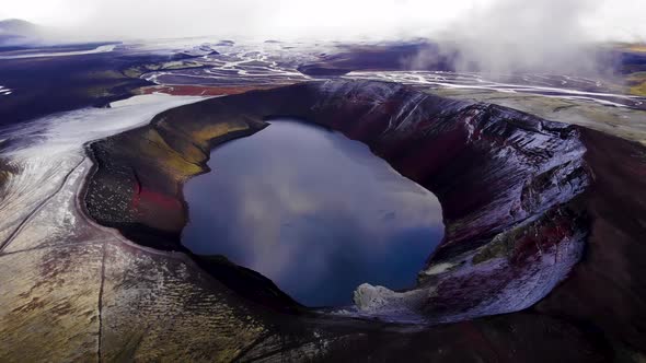 Volcanic lake in snowy highlands