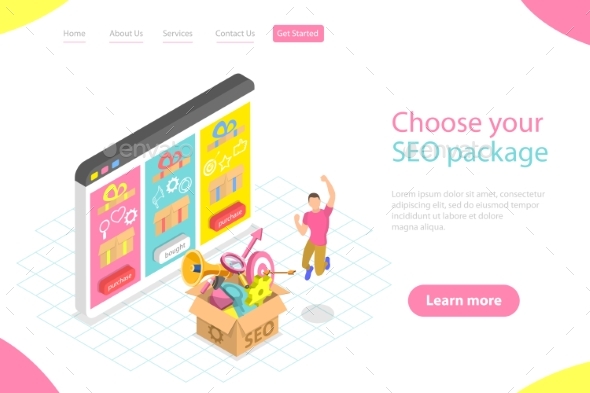 Flat Isometric Vector Landing Page Template of SEO