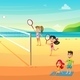 Teen Children Playing Badminton Doubles on Beach - GraphicRiver Item for Sale