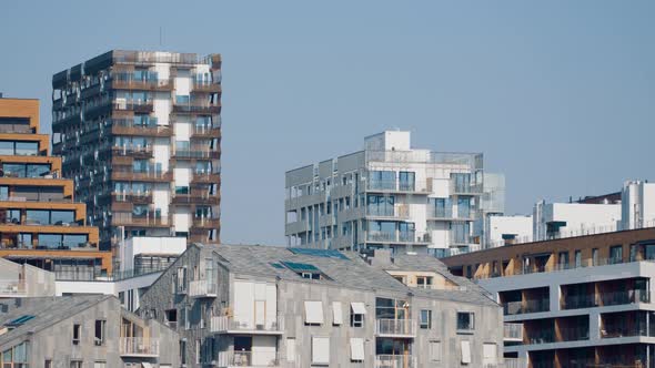 Oslo Barcode tall buildings city skyline with modern architecture and blue skies. Norway.4K pan tel