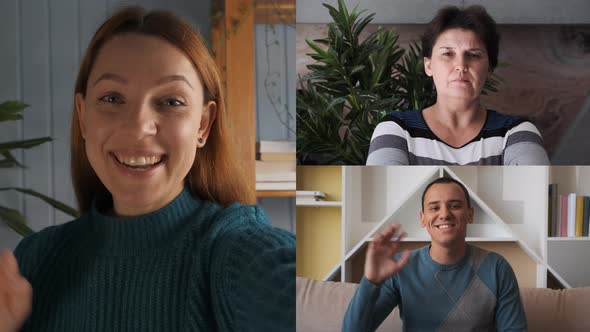 A Young Woman is Talking on a Video Call with a Young Man and a Woman