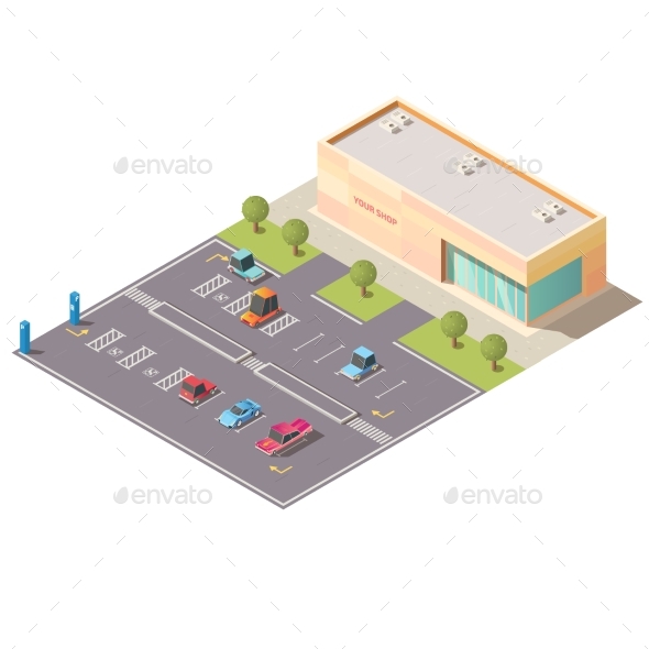 Car Parking Near Store Building Isometric Vector
