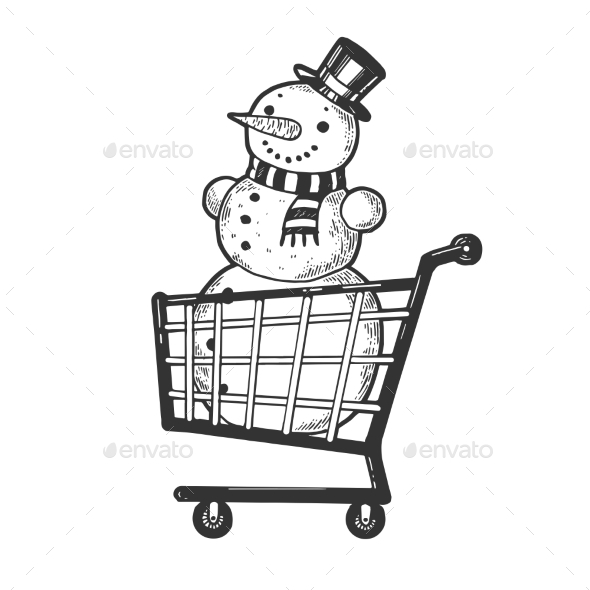 Snowman in Shopping Cart Sketch Engraving Vector