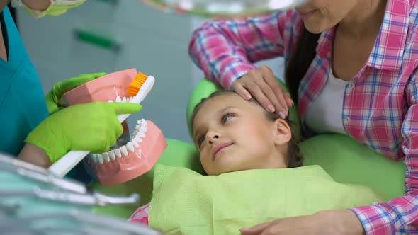 Friendly Pediatric Dentist Explaining to Child How to Brush Teeth Properly