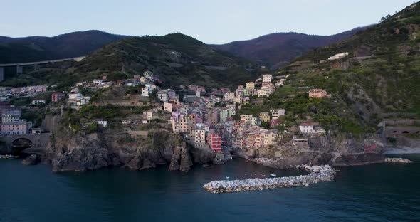 Aerial View Of Riomaggiore Village, Cinque Terre, Italy. Town In Mountains.