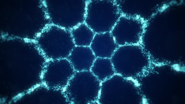 The movement of blue particles in the form of honeycombs inside the sphere