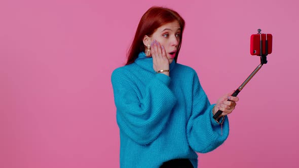 Adult Girl Blogger Taking Selfie on Mobile Phone Communicating Video Call Online with Subscribers