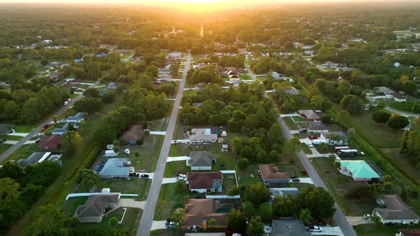 Aerial Landscape View of Suburban Private Houses Between Green Palm Trees in Florida Quiet Rural