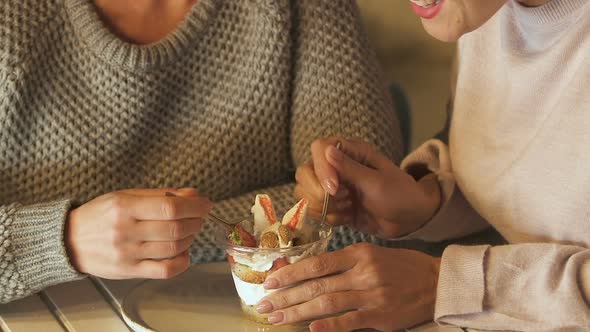 Women Enjoying Dessert Together, Tempted by Sweets and Refuse to Diet, Closeup