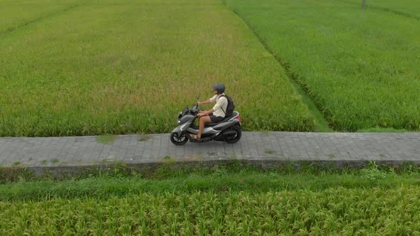 Aerial Shot of a Man Riding Through a Rice Field on a Motorbike