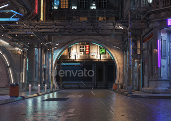 ith neon accents. Neo-noir style 3d rendering.
