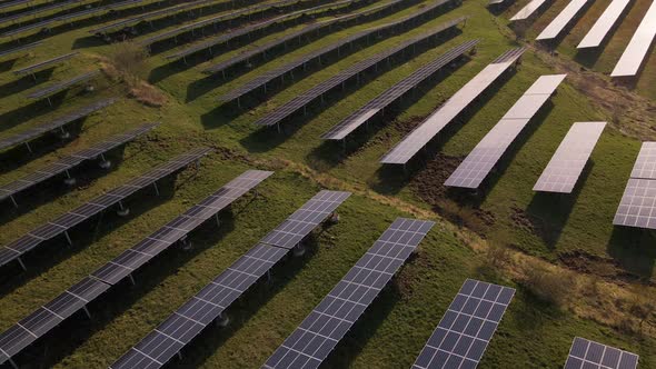 Numerous photovoltaic solar panels standing on a lush green meadow on a sunny evening. Ascending dro