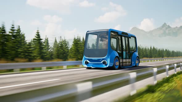 An autonomous smart bus coming up the road. Electric car going to charge station
