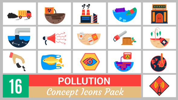 16 Pollution Concept Icons Pack