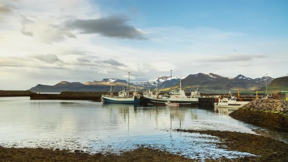 Icelandic Harbor With Fishing And Whale Watching Boats And Little Ships And Snow Mountains